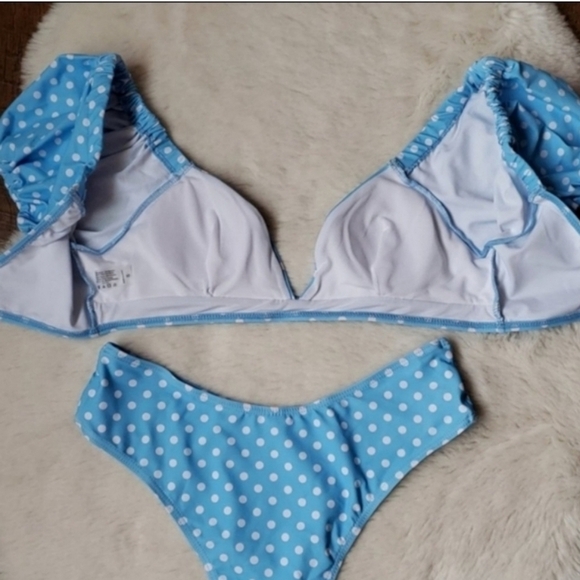 New Blue Polka Dots Puff Sleeve Self Tie Top Bikini Set Size L - Picture 6 of 7